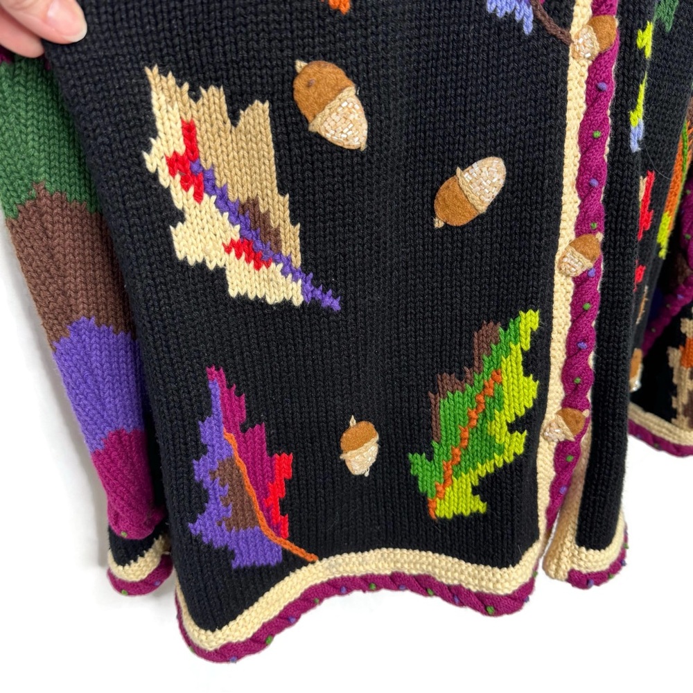 Storybook Knits Black Fall Cardigan with Vibrant Colors and Ornate Details Med - Picture 3 of 10